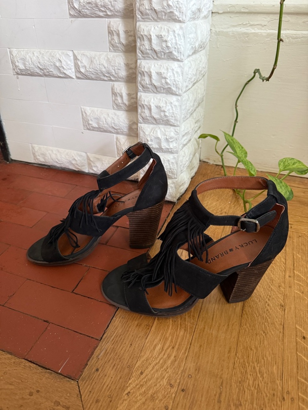 Lucky Brand Black Suede Fringe Block Heel Sandals